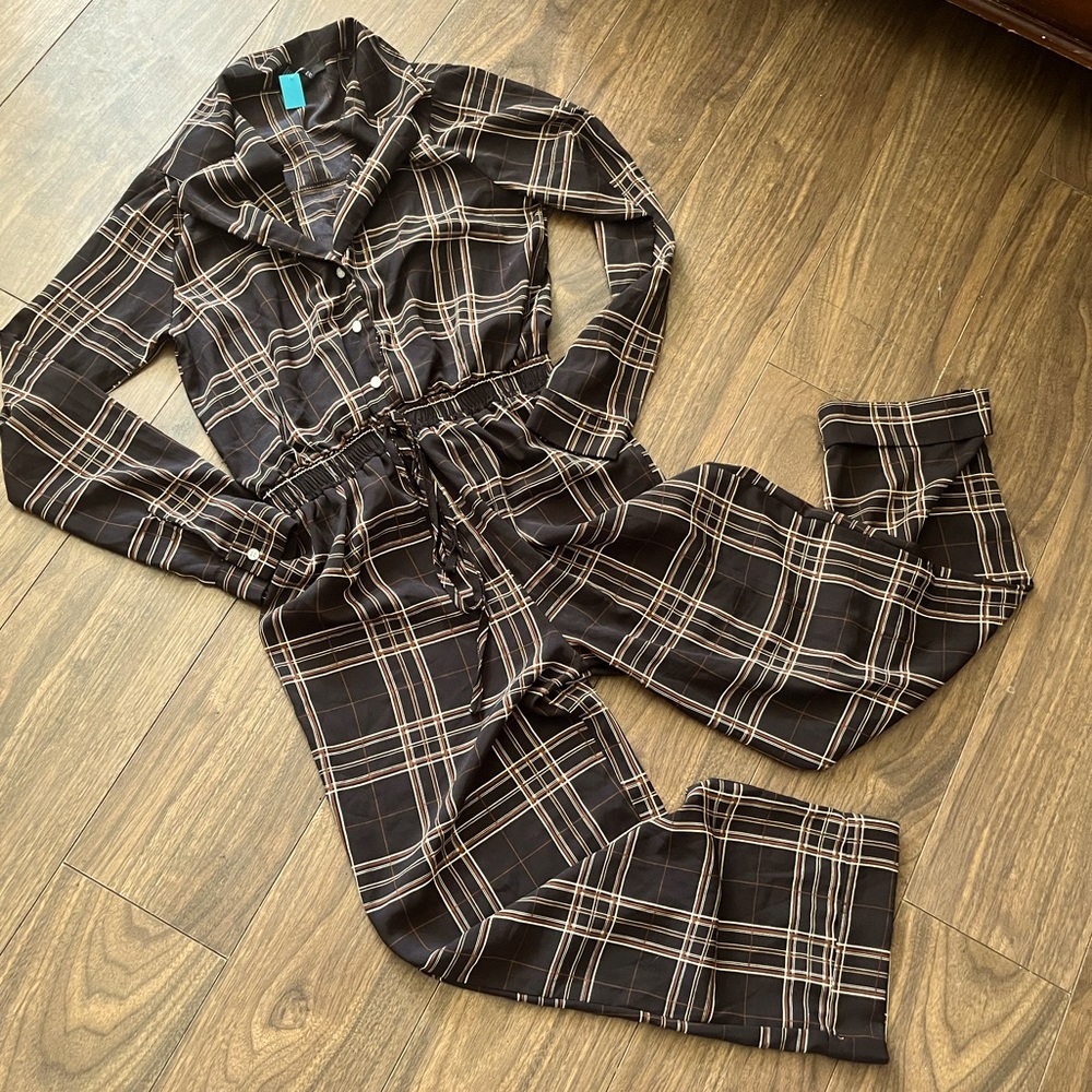 Plaid long sleeve jumpsuit